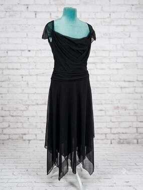 Tadashi Shoji Vintage 90s Whimsigoth Mesh Draped Cowl Neck Asymmetrical Dress